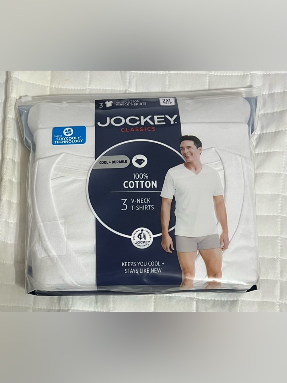 Jockey 3  V-Neck T-Shirts White Short Sleeve Size XXL
